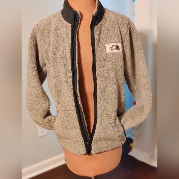 North Face full zipper  fuzzy Sherpa teddy bear popover jacket gray on gray  S - Picture 3 of 7